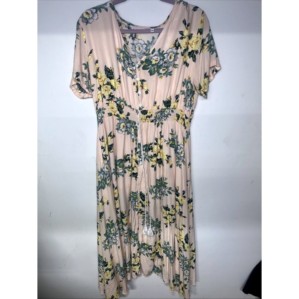 Womens XXL Floral Midi Dress Pink Yellow Cottagecore Smocked Waist Romantic - Picture 3 of 10